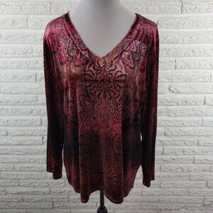 Christopher & Banks XL Burgundy Velour Paisley Geometric Rhinestone Top GEO290E